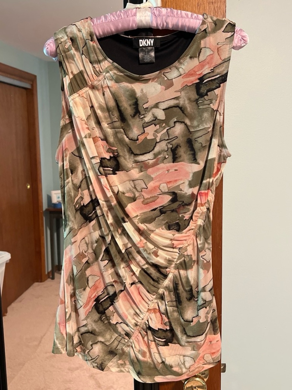DKNY Sleeveless Drape Top — Pink, Olive & Black